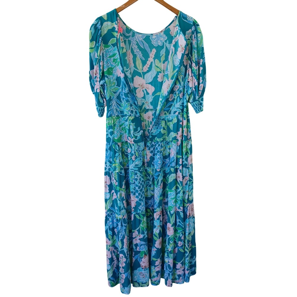 Lilly Pulitzer Teal Floral Tiered Maxi Dress Puff Sleeve Smocked Cuff Size 10 - Picture 4 of 11